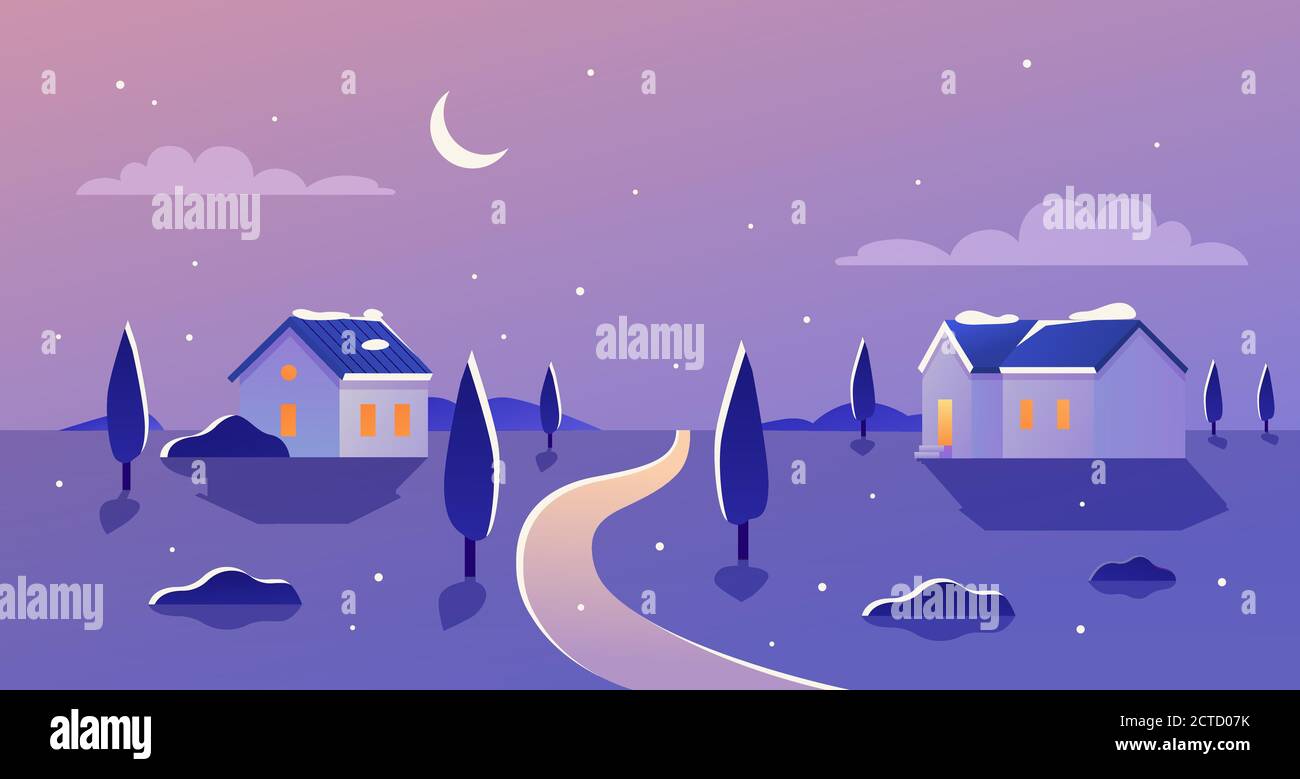 Paisaje invernal en la noche ilustración vectorial. Dibujos animados planos  heladas naturaleza rural, paisaje nevado paisaje panorámico, casas de  granja con luces de ventana en el pueblo, la luna y las estrellas