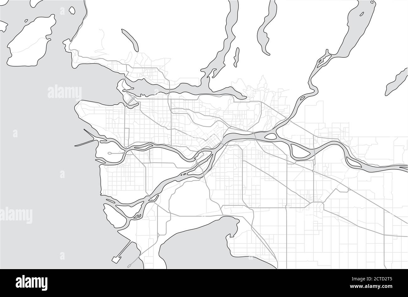 Mapa y municipios del Gran Vancouver, Columbia Británica, Canadá. Mapa turístico o guía de Metro Vancouver BC. Un mapa de escala de grises simple sin texto. Ilustración del Vector