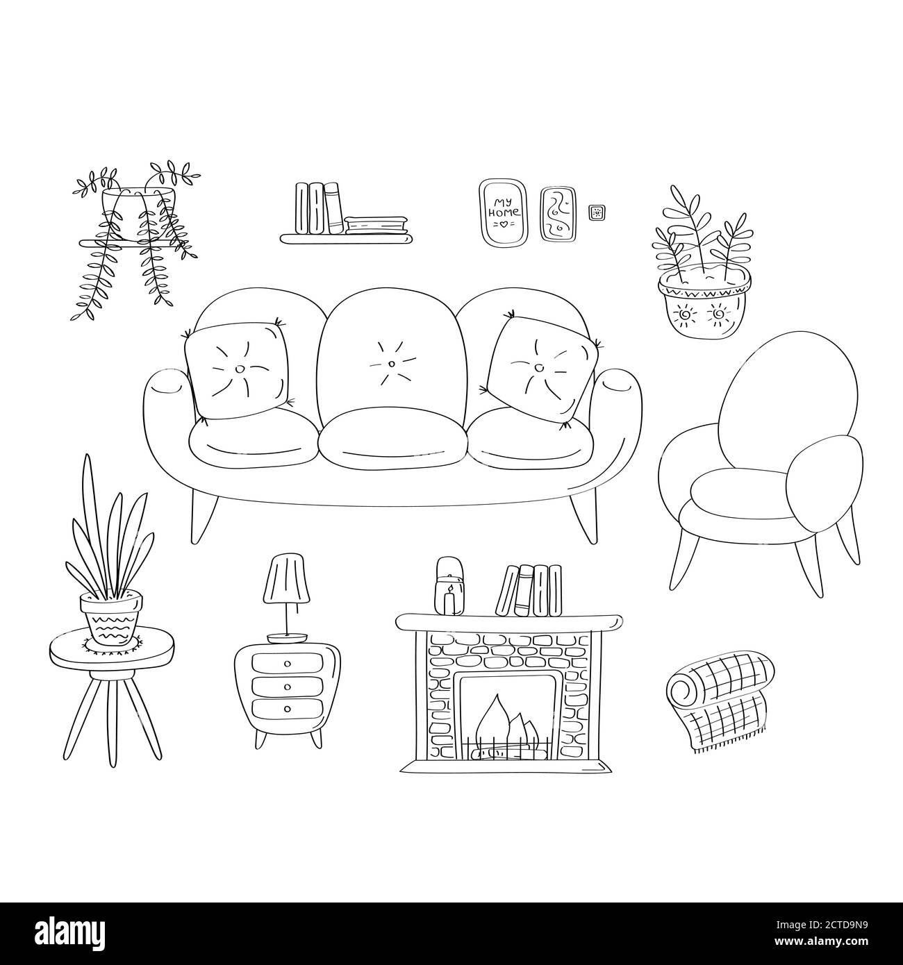 Elementos interiores. Detalles de una acogedora casa. Sofá sillón chimenea, mesa, plantas de casa. Gráfico vectorial dibujado a mano lineal Ilustración del Vector