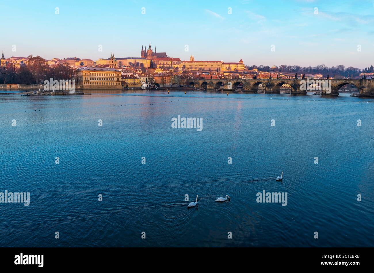 El Puente de Carlos y el Castillo de Praga al amanecer junto al río Vltava con cisnes, Praga, República Checa. Foto de stock