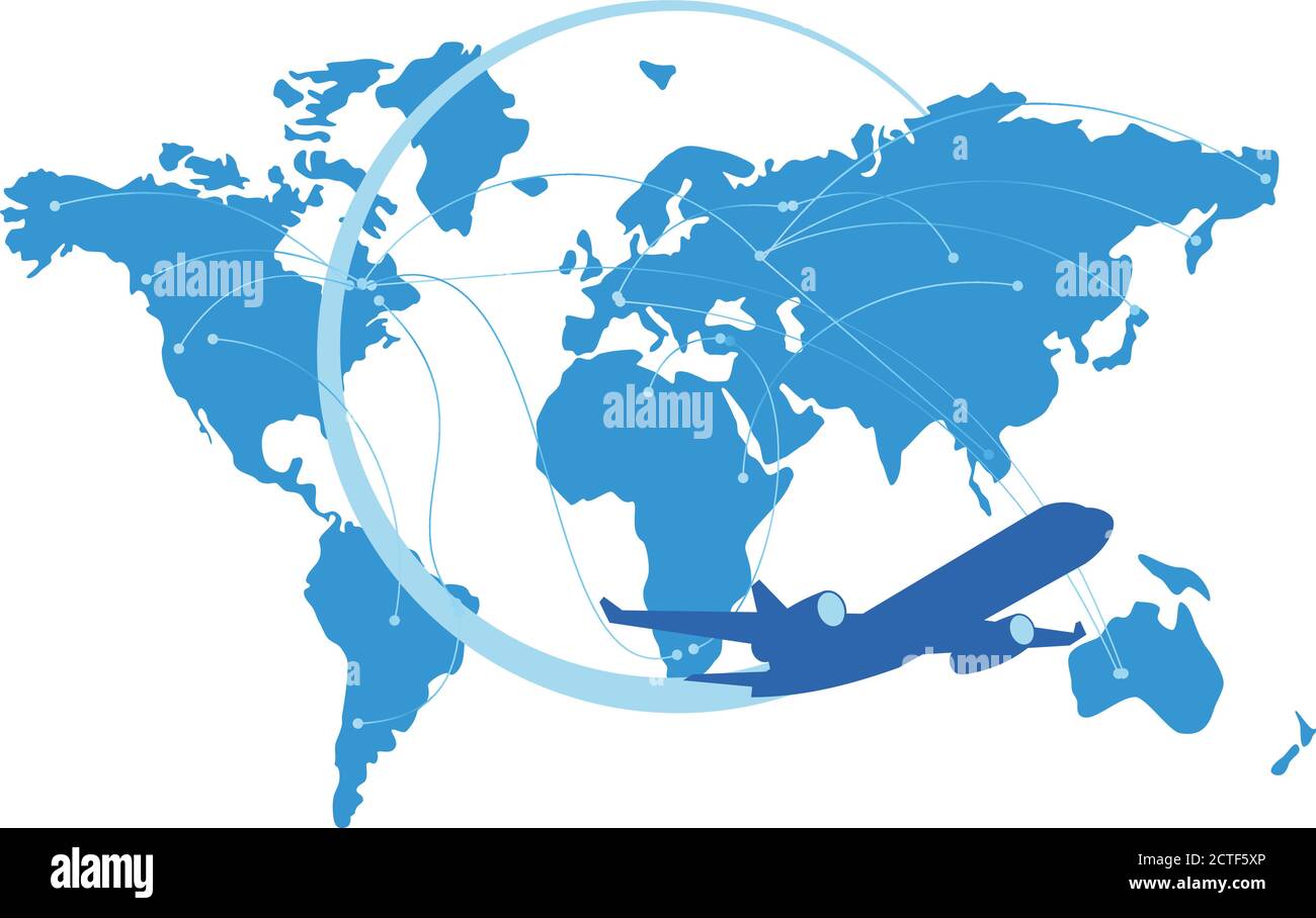 Silueta de avión de chorro azul con mapa del mundo detrás. Lote o arcos, puntos de conexión - trayectorias de vuelo. Concepto global de viajes aéreos o de negocios Ilustración del Vector