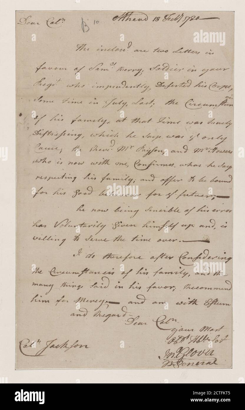 Carta al Coronel Henry Jackson, texto, Documentos, 1780, Glover, John Foto de stock