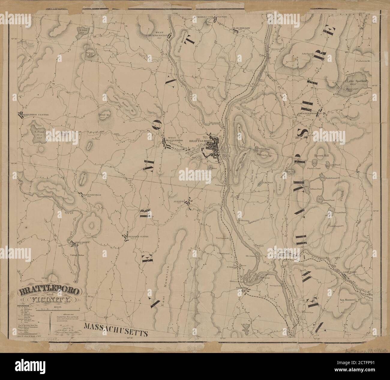 Brattleboro y alrededores, cartográfico, Mapas, 1860, Boell, F. W. Foto de stock