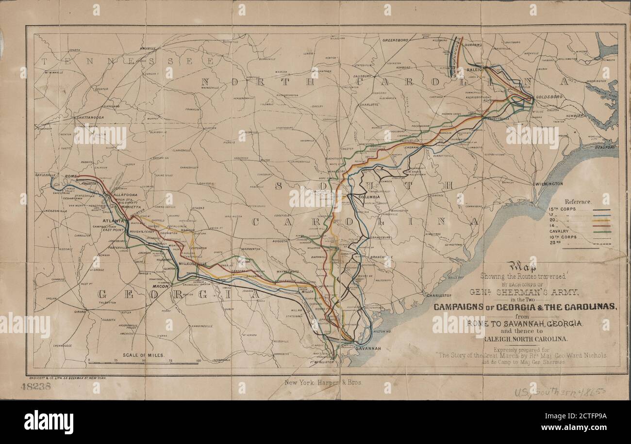 Mapa que muestra las rutas atravesadas por cada cuerpo de Genl. El ejército de Sherman en las dos campañas de Georgia y las Carolinas, cartográfico, Mapas, 1865, W. Endicott & Co Foto de stock