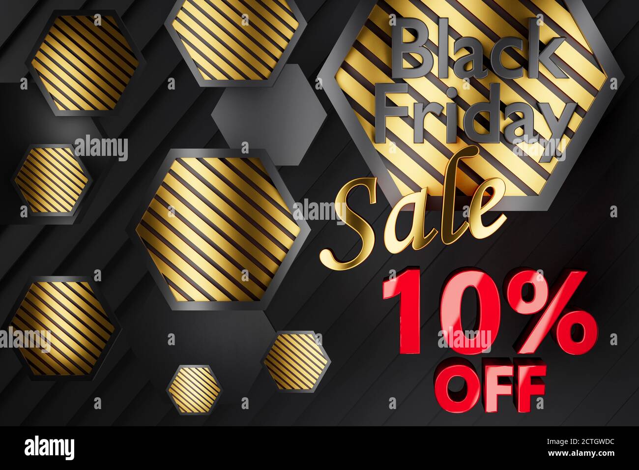 3D negro viernes venta imagen de fondo en oro negro llamativo y diseño rojo con hasta un 10% de descuento en el texto Foto de stock