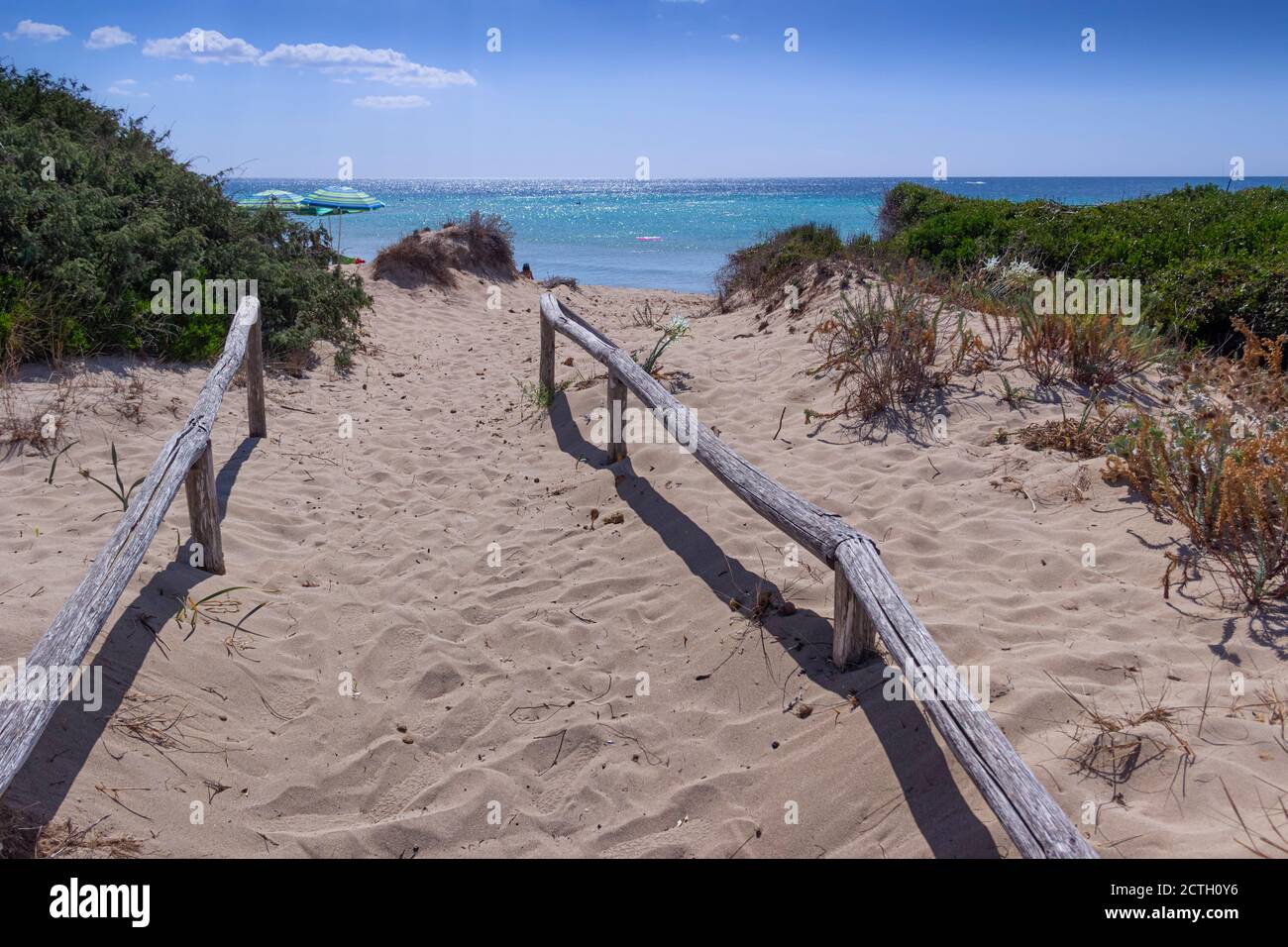 Cerca entre las dunas de mar en Apulia, Italia. La playa de Lido Marini se extiende por más de dos kilómetros, en el área de los municipios de Salve y Uge Foto de stock