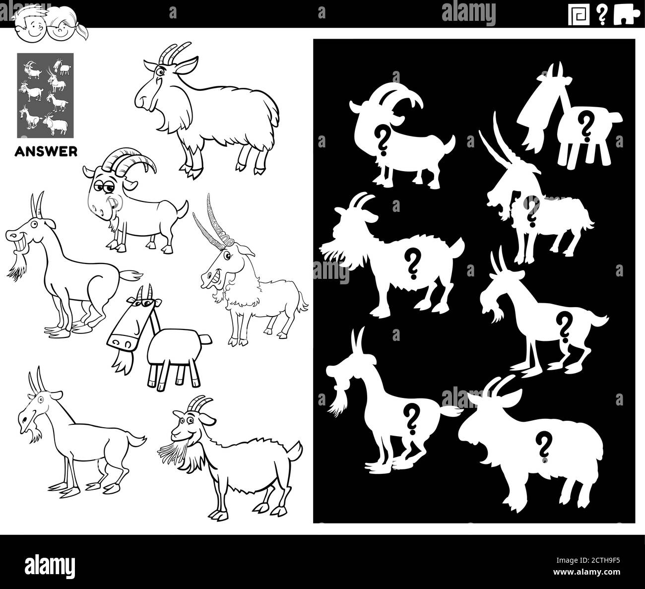 Dibujos animados en blanco y negro Ilustración de objetos de coincidencia y el Forma derecha o Silhouette con cabras Granja animales personajes educativos Juego para Childre Ilustración del Vector