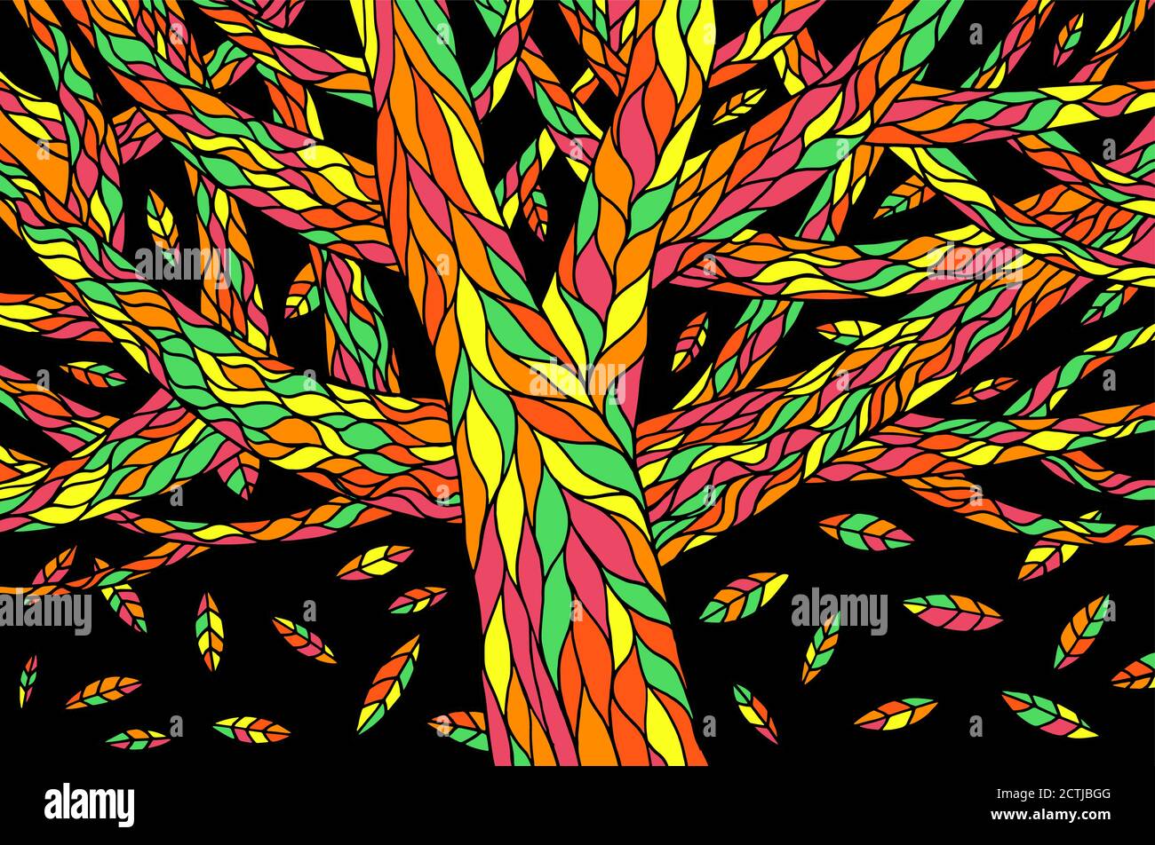 Fondo del árbol de otoño. Octubre deja caer. Líneas de arte de colores con follaje multicolor. Ilustración natural orgánica. Estampado botánico Ilustración del Vector