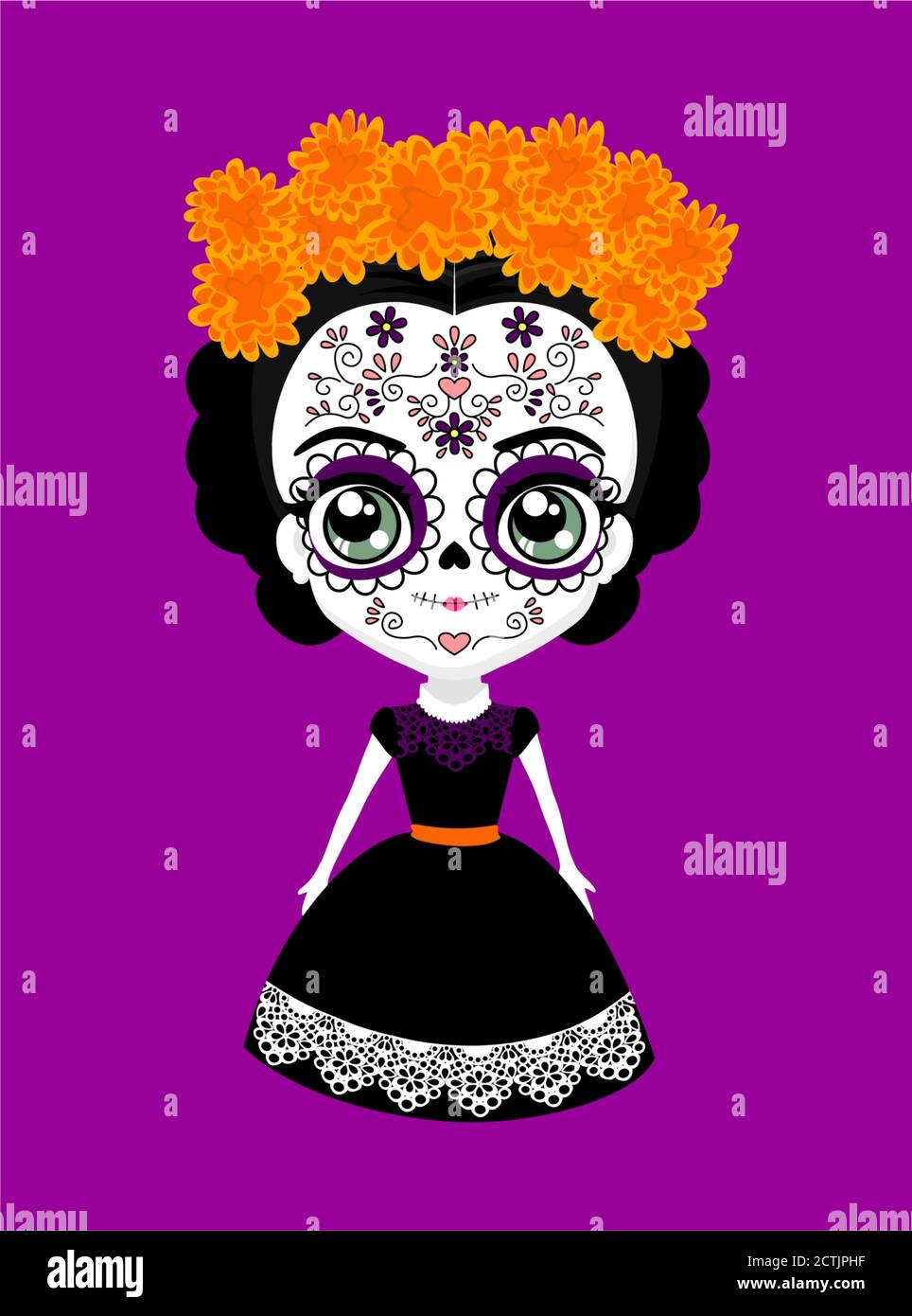 lindo muñeco de catrina mexicana con calavera de azúcar tradicional para la  celebración de dia de muertos y flores de cempasuchil (marinero azteca).  aislado en pu Imagen Vector de stock - Alamy