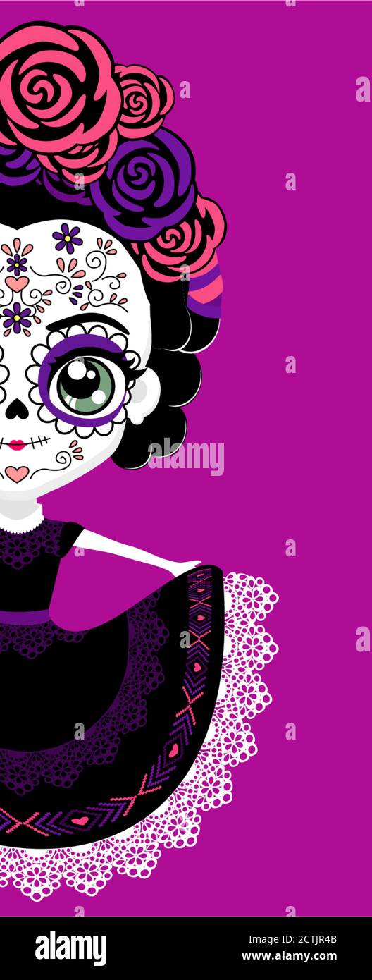 lindo muñeco de catrina mexicana con calavera de azúcar tradicional para la  celebración de dia de muertos. aislado sobre fondo púrpura Imagen Vector de  stock - Alamy