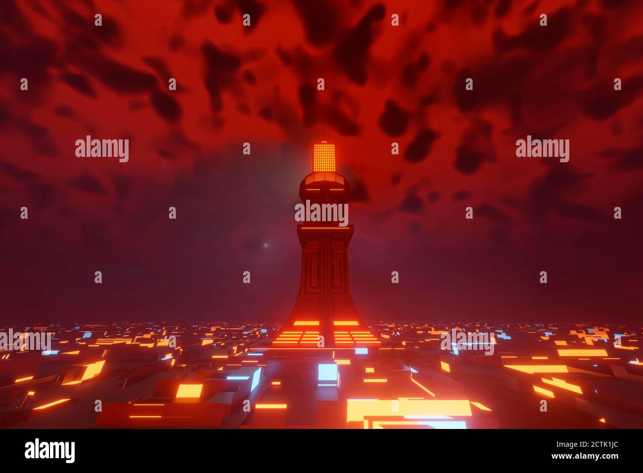 Presentación tridimensional de la torre ominosa en la ciudad futurista en noche Foto de stock