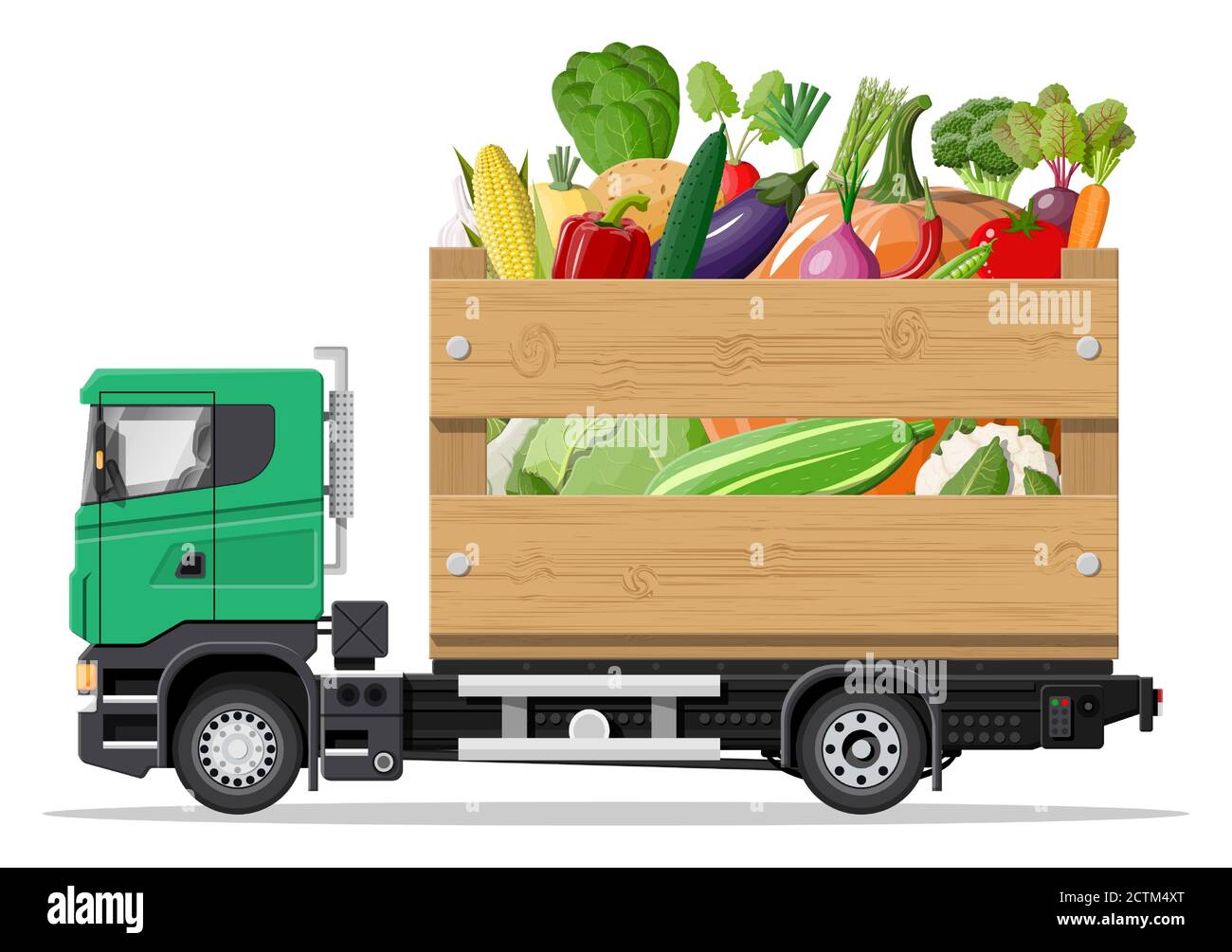 Carro de camión lleno de productos vegetales. Tienda y granja de entrega de  servicios, verduras frescas. Entrega y venta de alimentos vegetales  naturales de granja. Carga y logística. Ilustración de vector plano