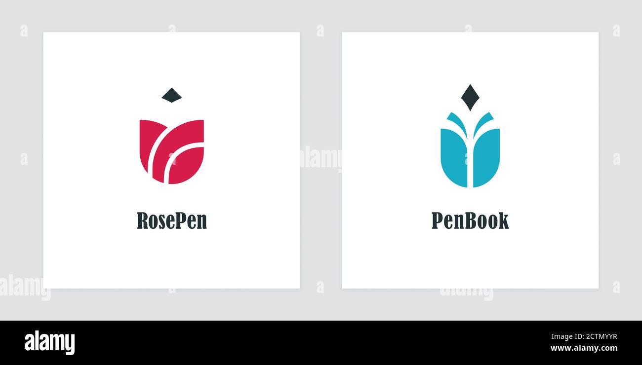 Logotipos de lápiz con rosa y símbolos de libro. Diseños de logotipos vectoriales para librerías, autores, editores e instituciones educativas. Ilustración del Vector