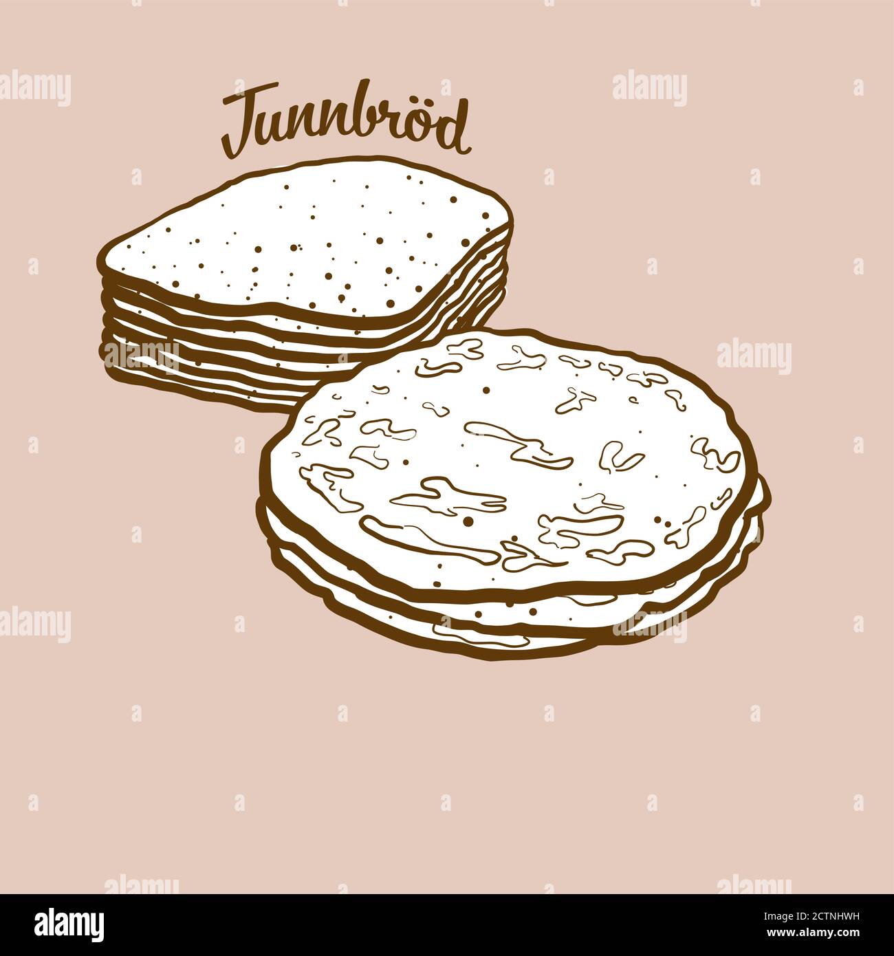 Ilustración de pan de tunnbröd dibujado a mano. Pan plano, generalmente conocido en Suecia. Serie de dibujo vectorial. Ilustración del Vector