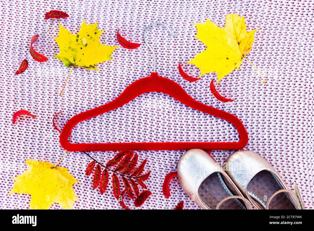 Una percha de ropa y zapatos de oro se encuentran entre el colorido otoño hojas Foto de stock