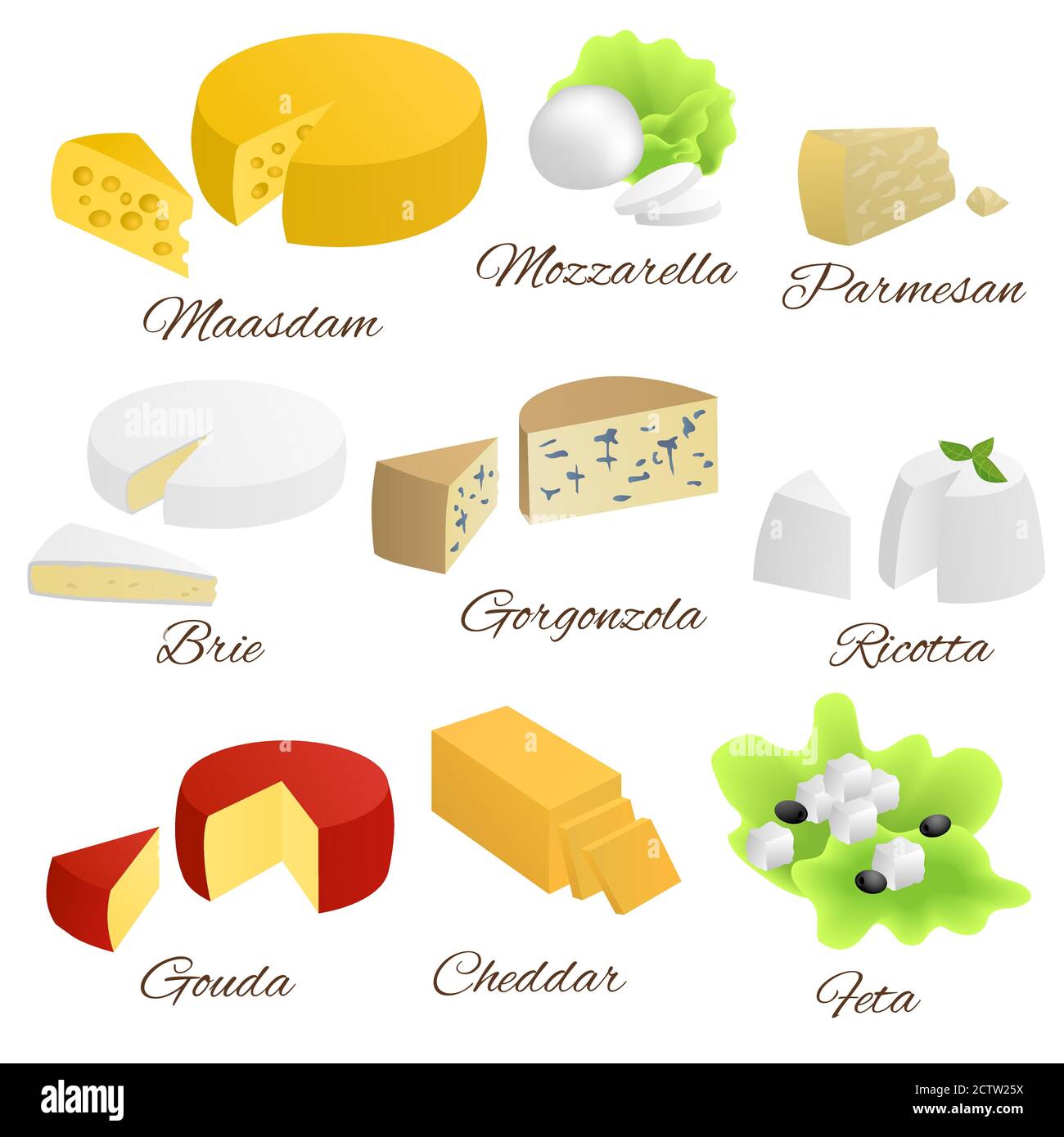 Queso conjunto de alimentos aislados diferentes tipos ilustración vector Ilustración del Vector