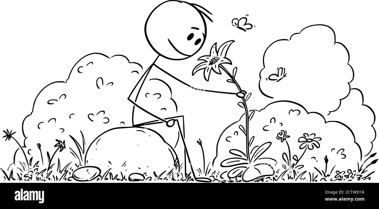 Dibujo de la figura de la barra de la caricatura del vector ilustración conceptual del hombre sentado en la naturaleza pacífica rodeado de flores, árboles y mariposas. Estilo de vida y concepto al aire libre. Ilustración del Vector