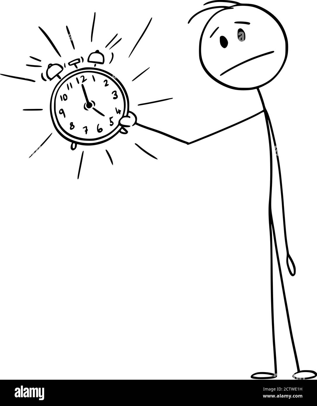 Vector imagen de palo dibujos ilustración conceptual de hombre frustrado infeliz o hombre de negocios sosteniendo el timbre de alarma. Concepto de despertar, plazo o gestión de tiempo. Ilustración del Vector