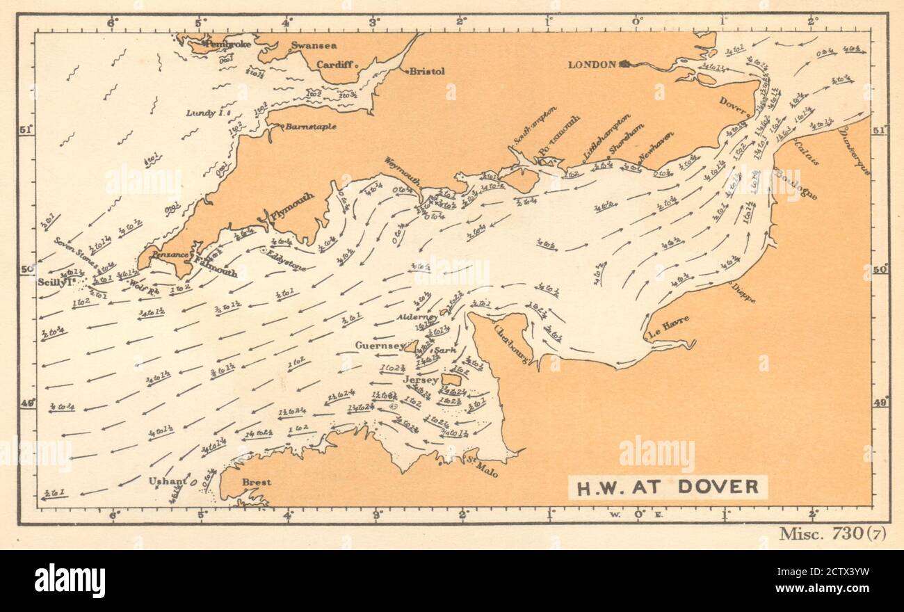 Inglés Canal corrientes de alta agua en Dover. ADMIRALTY 1943 antiguo mapa vintage Foto de stock
