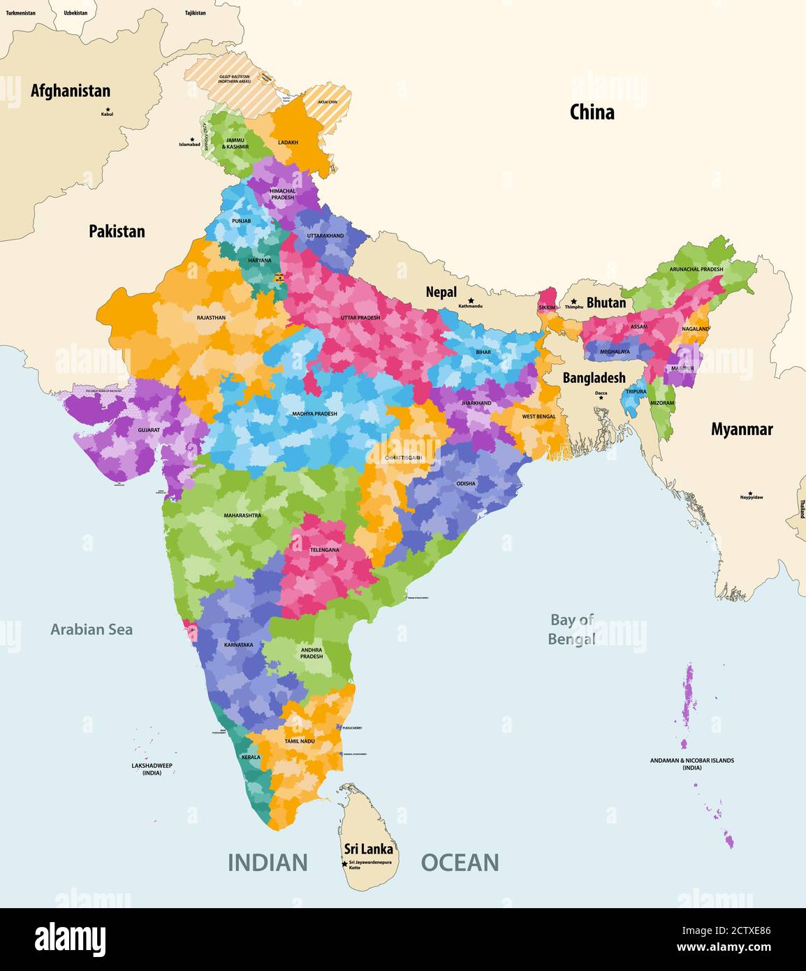 Mapa de la India con países y territorios vecinos. Mapa indio coloreado por estados y mostrando los límites de los distritos dentro de cada estado. Vector Ilustración del Vector