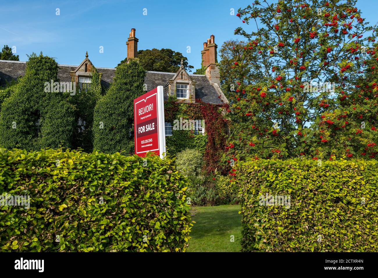 Para la venta signo en casa victoriana con hiedra roja de otoño y ceniza de montaña o rowan árbol con bayas rojas, Dirleton pueblo, este de Lothian, Escocia, Reino Unido Foto de stock