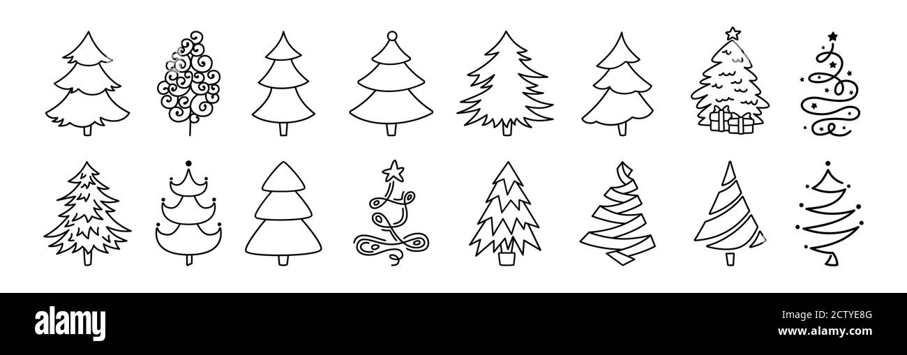 Árbol de Navidad dibujos animados negro conjunto lineal. Dibujo a mano de  la colección de árboles de Navidad. Año Nuevo ornamentos de diseño de línea  tradicional, estrellas o guirnaldas. Símbolo estilizado para