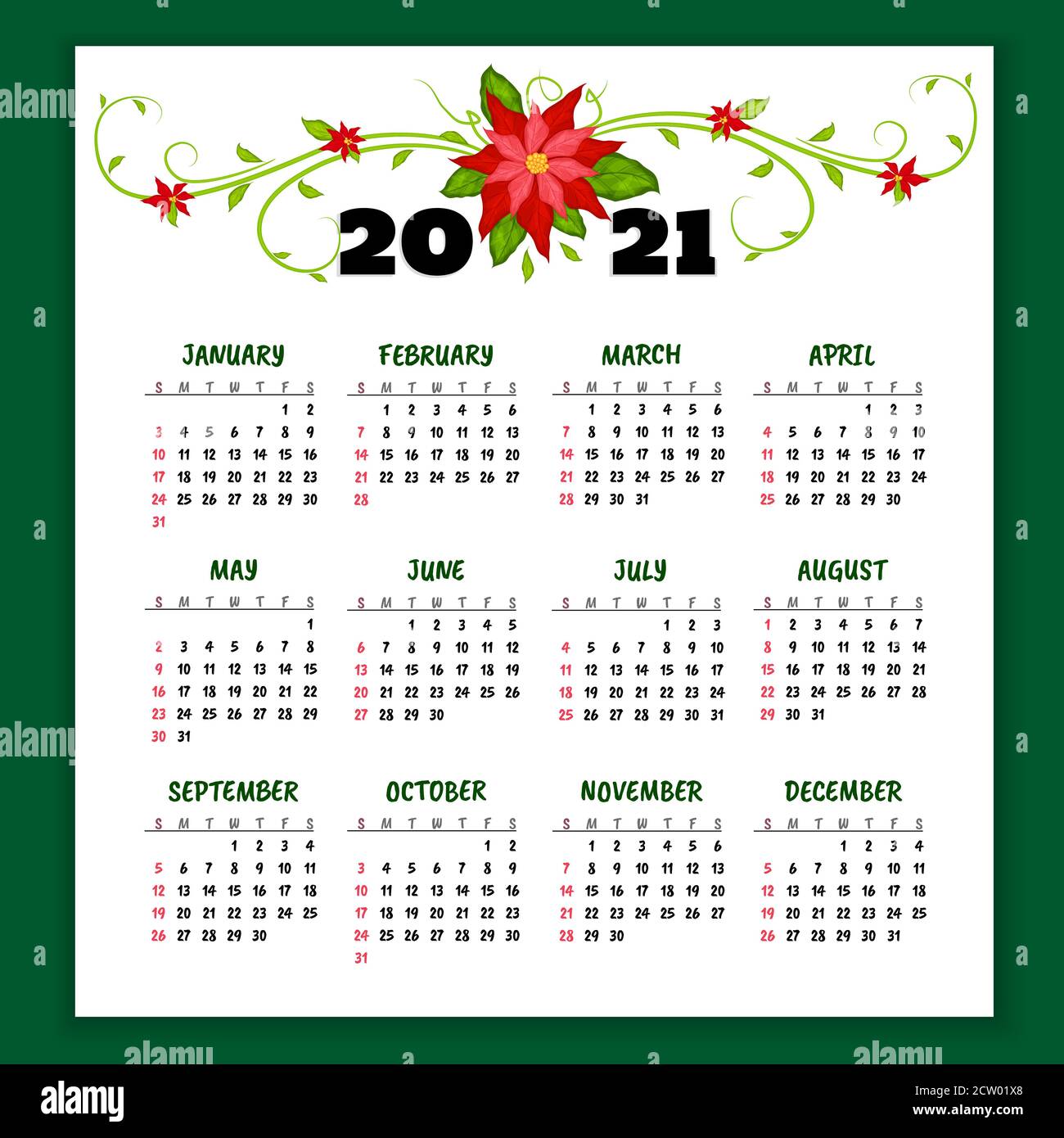 Calendario Vectorial De 2021 Años Con Flores De Pointetia La Semana 