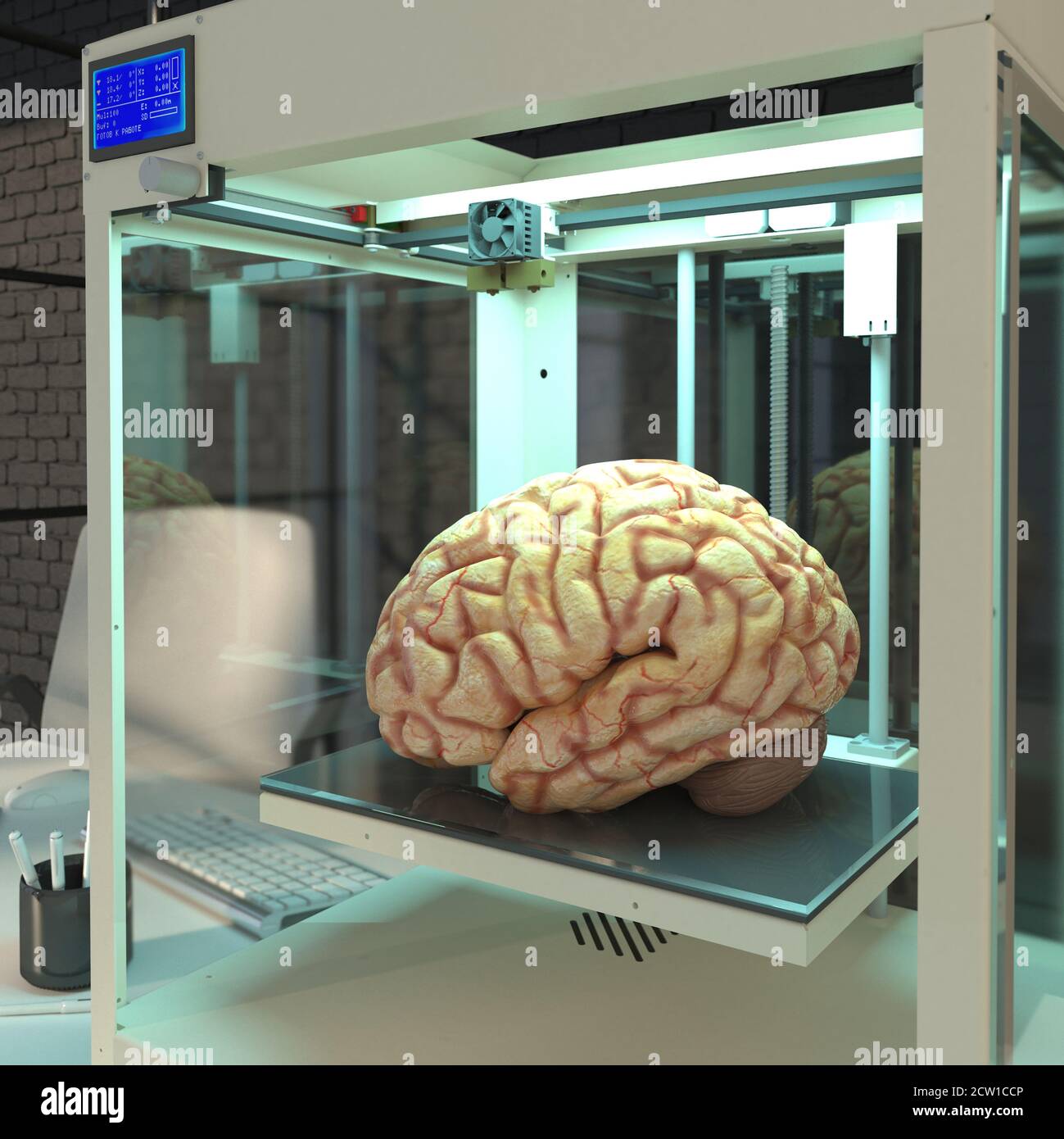 El cerebro humano está impreso en 3D. Sello de órganos humanos. Concepto futuro con robótica inteligente e inteligencia artificial. El uso de una impresora 3D en Foto de stock
