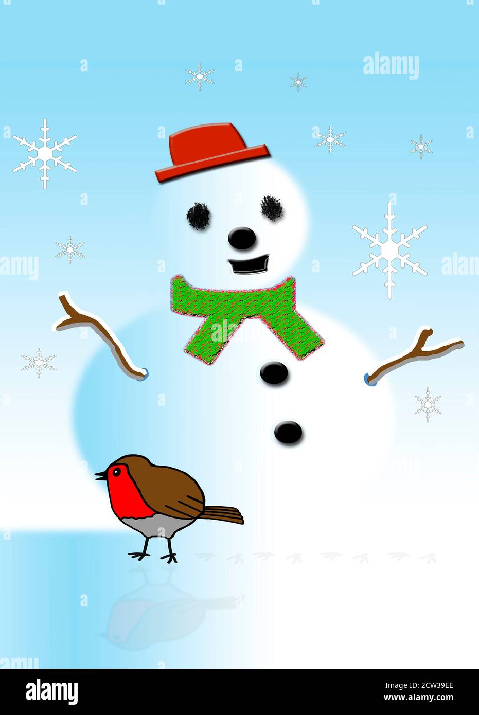 Muñeco de nieve y robín de arte digital con copos de nieve ideal tarjeta de  felicitación impresión póster o portada de libro. Red Hat verde bufanda  carbón ojos 3D nariz boca botones