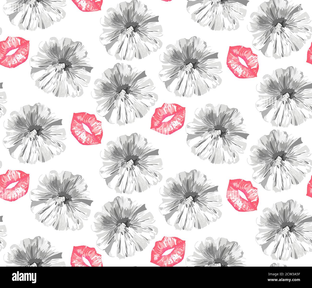 Labios y flores de Mallow patrón sin costuras sobre fondo blanco. Ilustración vectorial Ilustración del Vector
