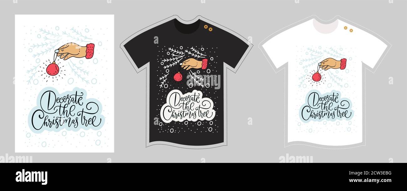 Navidad vector t shirt diseño vector plantilla para niños y adultos en  blanco y negro. Ilustración detallada de dibujos animados bonitos.  Estampado de letras de la camiseta con dibujo a mano. Decore