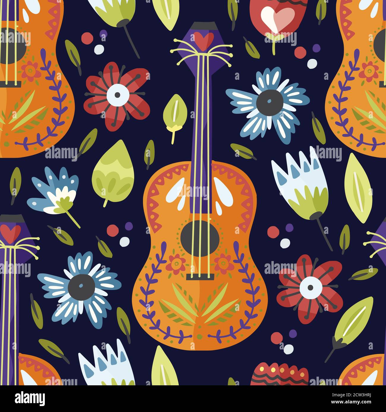 Guitarra mexicana dibujo a mano vector sin costuras en un estilo Dibujos animados fiesta fiesta música fondo con flores. Cinco de Mayo ilustración colorida Imagen Vector de stock - Alamy