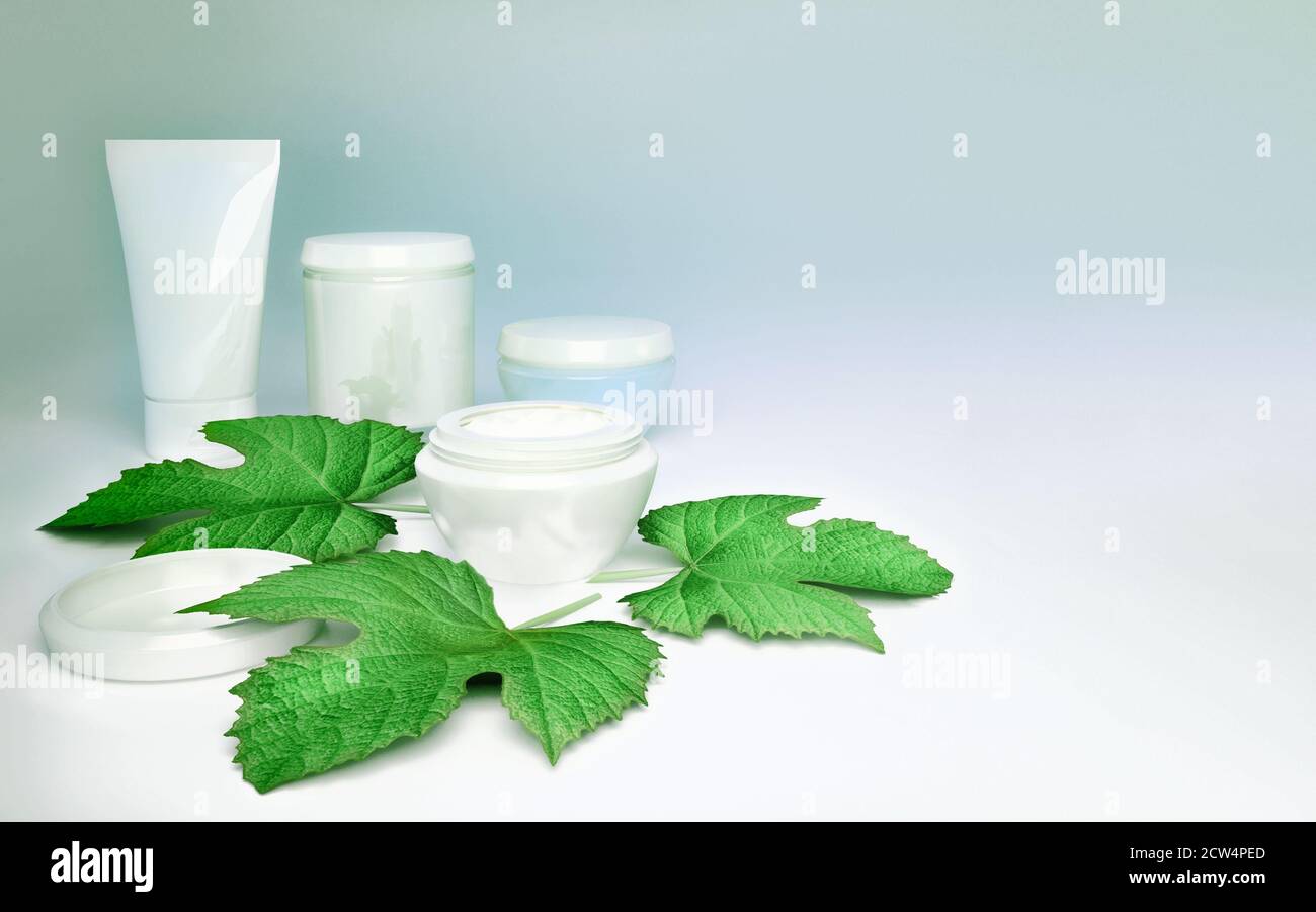Productos cosméticos con hojas de uva sobre fondo azul claro. Foto de stock