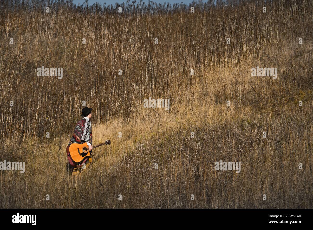 Músico de campo con guitarra acústica camina en césped en a campo Foto de stock