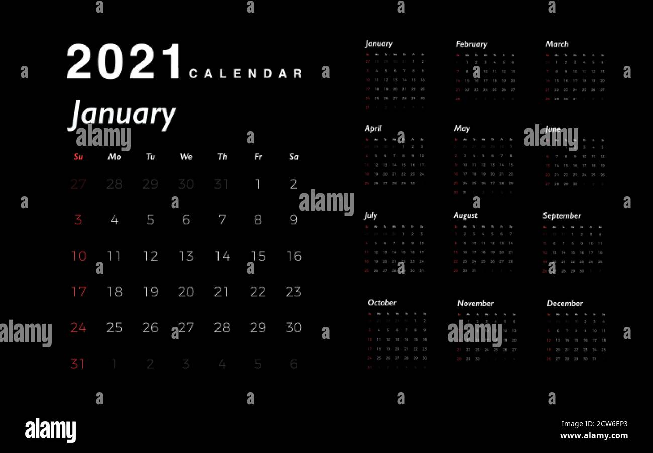 Calendario 2021 año nuevo. Números blancos de días con fines de semana rojos sobre fondo negro. Plantilla de calendario para el diseño de su empresa. Vector Ilustración del Vector