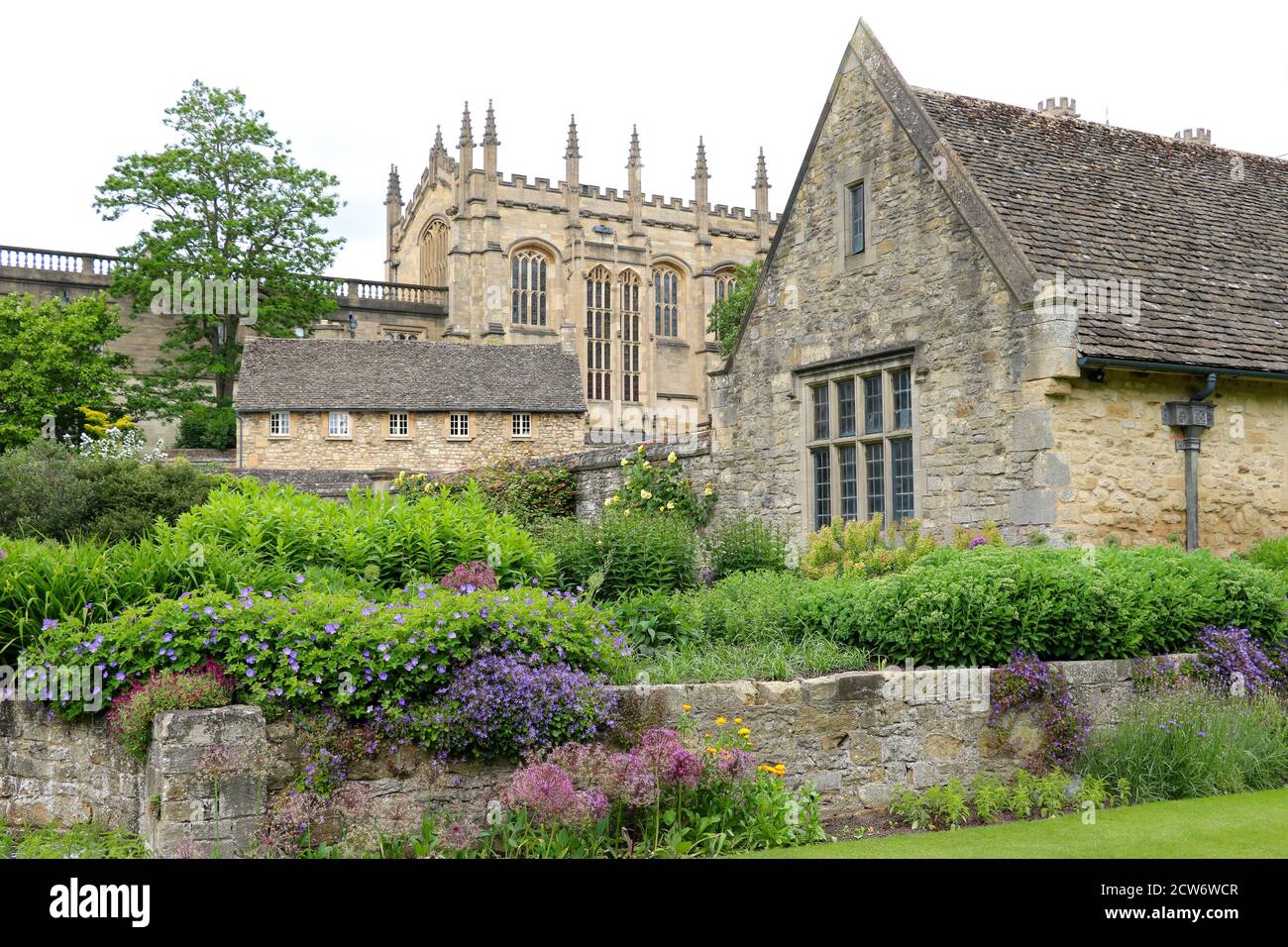 Jardín inglés y edificios de piedra en Oxford Inglaterra Foto de stock