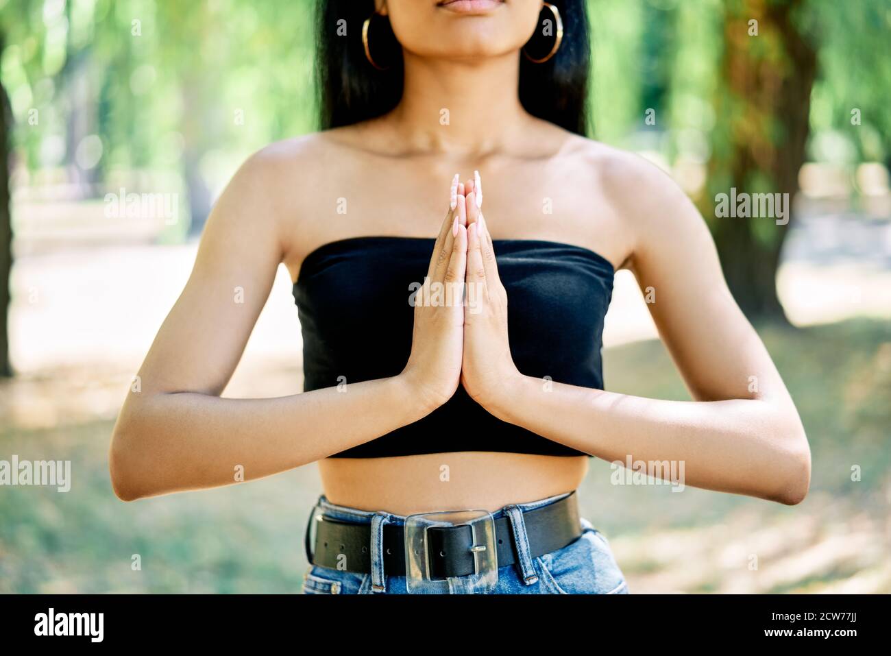 Retrato de cerca de manos de mujer afroamericana en namaste gesto al aire libre Foto de stock