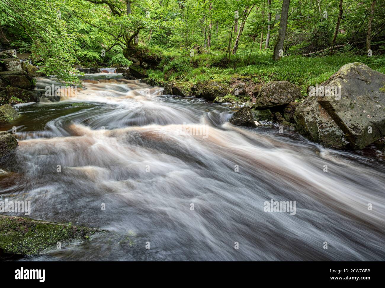 Las aguas de rápido flujo de West Beck en Malayan Spout después de la lluvia torrencial de verano Foto de stock