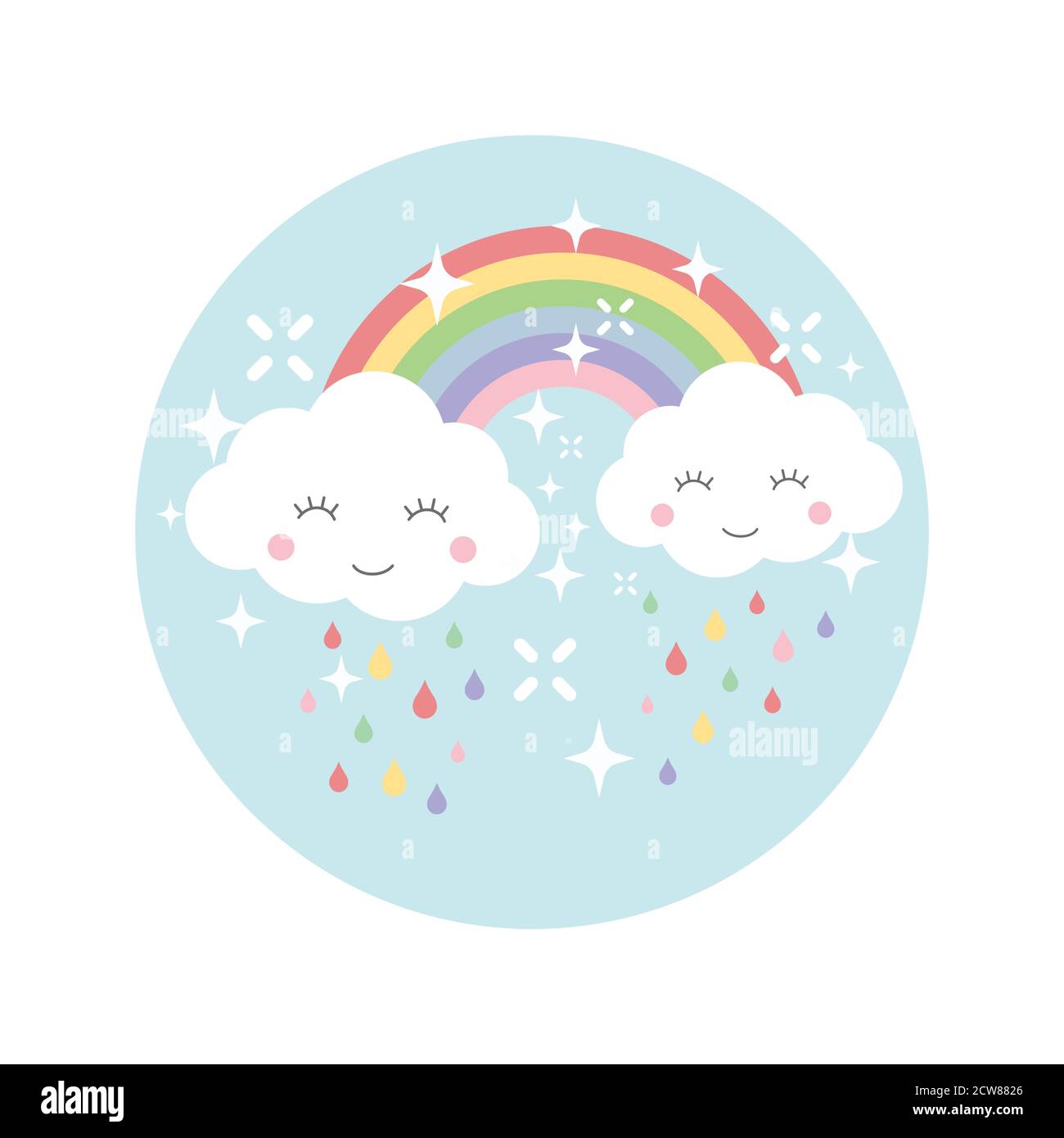 Nubes y arco iris colorido diseño de dibujos animados. Arco iris, feliz  lindo nube y gotas de lluvia ilustración plantilla para camiseta,  estampado, pegatina Imagen Vector de stock - Alamy