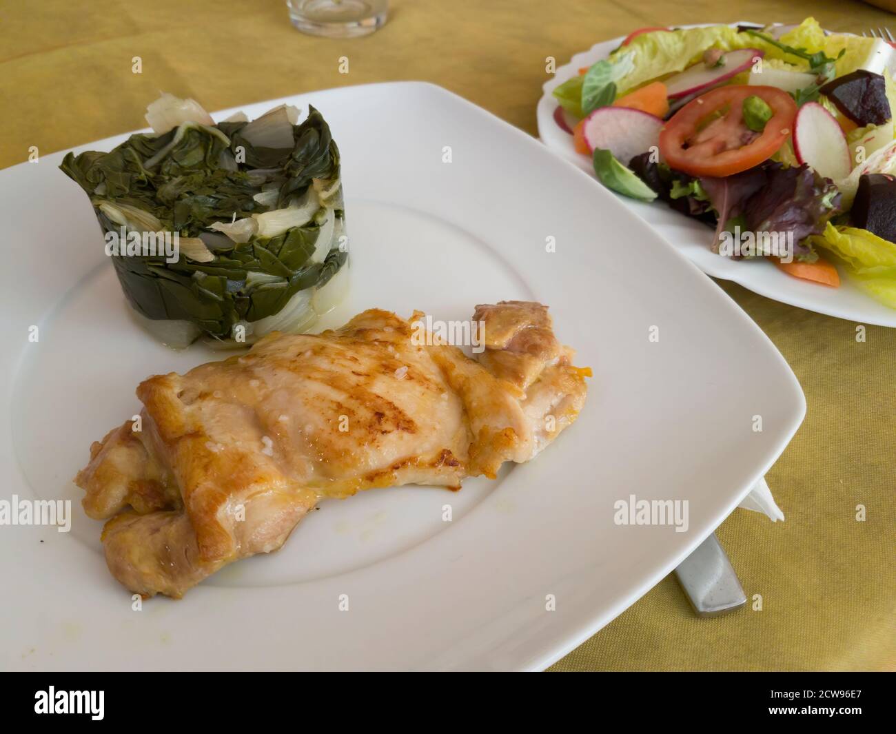 Ensalada de verduras orgánicas frescas y pollo a la parrilla con chardo suizo al vapor. Una comida ideal para seguir una dieta saludable y equilibrada Foto de stock