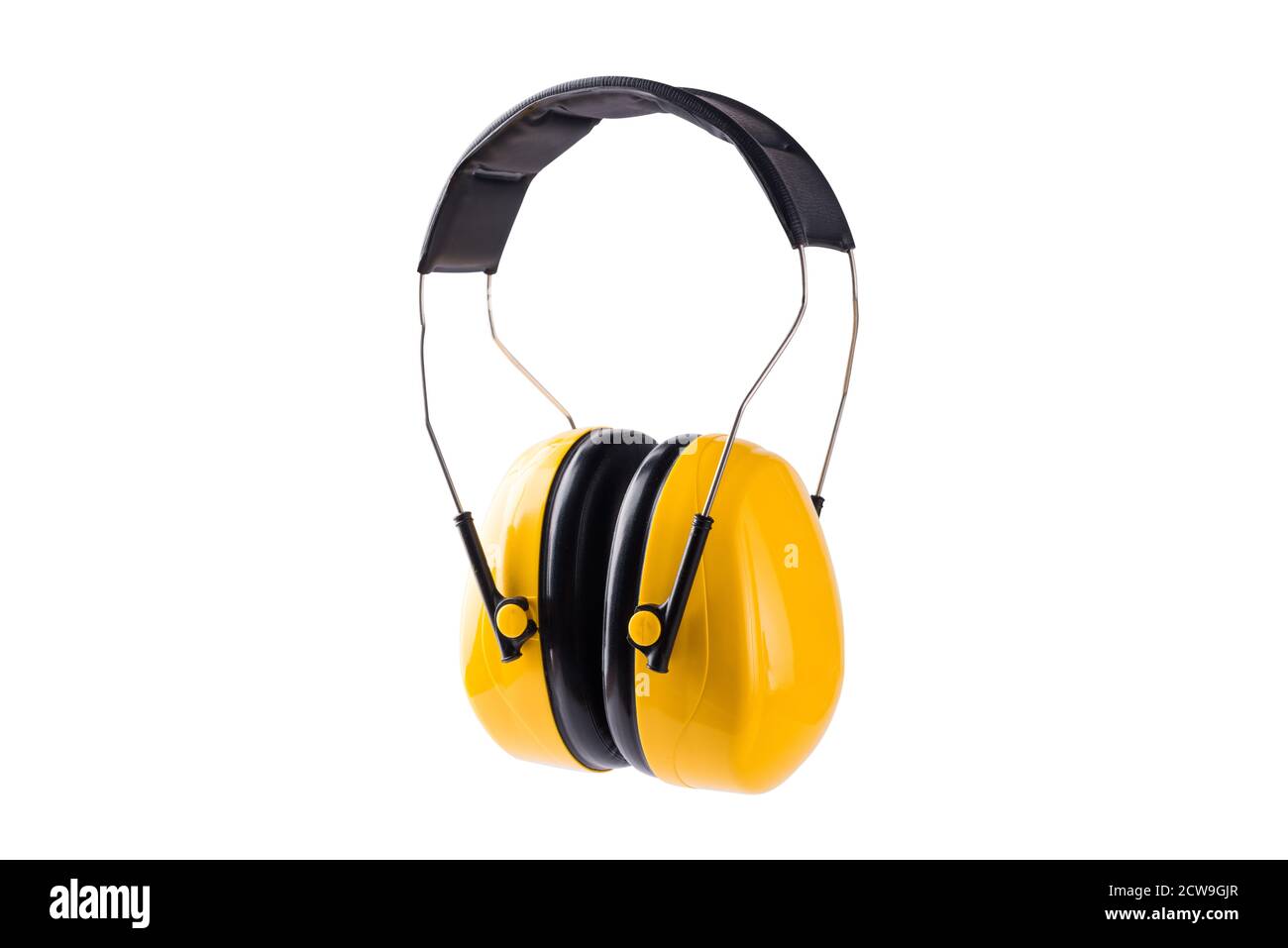 Auriculares protección de trabajo amarillos los orejeras evitan el ruido fuerte de la seguridad de los equipos de construcción de trabajo, disparo de estudio aislado sobre la espalda blanca Fotografía de