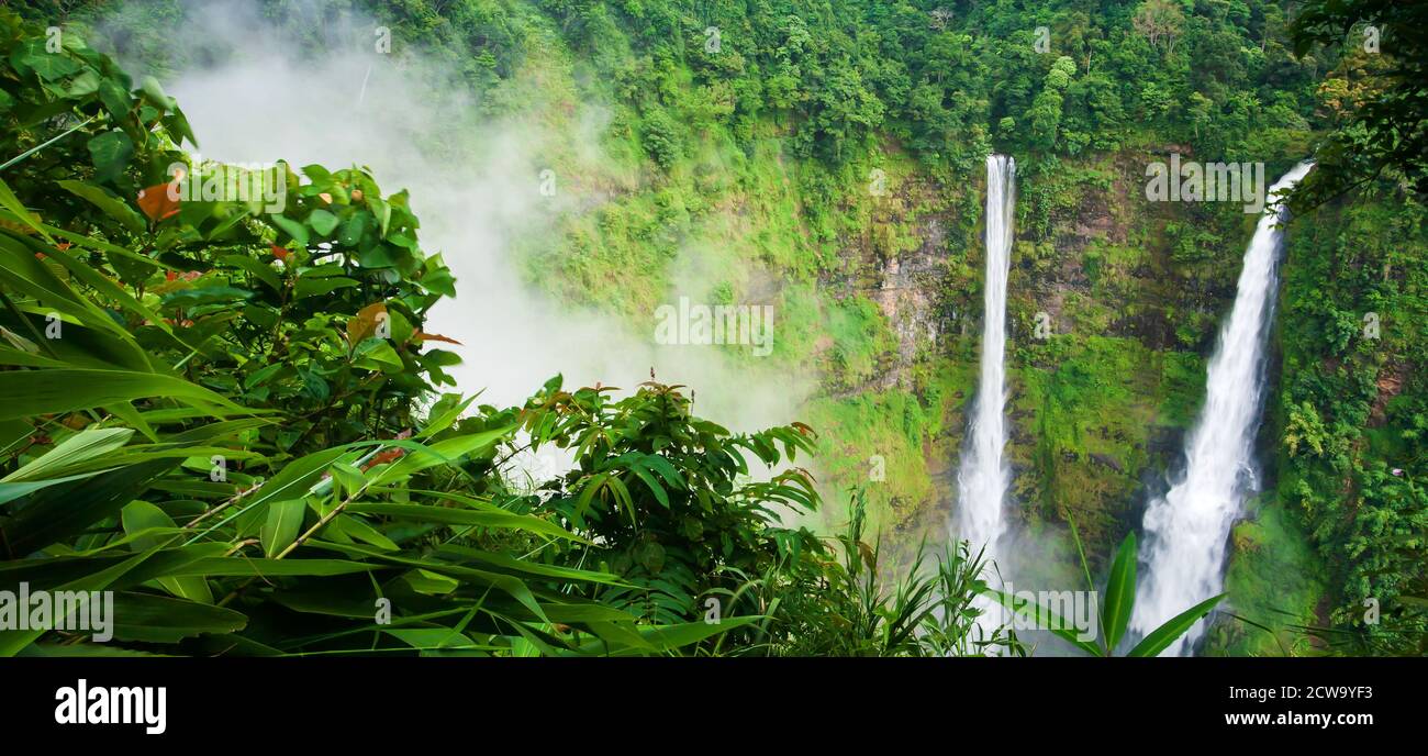 Paisaje Tad Fane cascada en la niebla, hermosa cascada gemela en temporada de lluvia, atracciones turísticas en el sur de Laos. Foto de stock