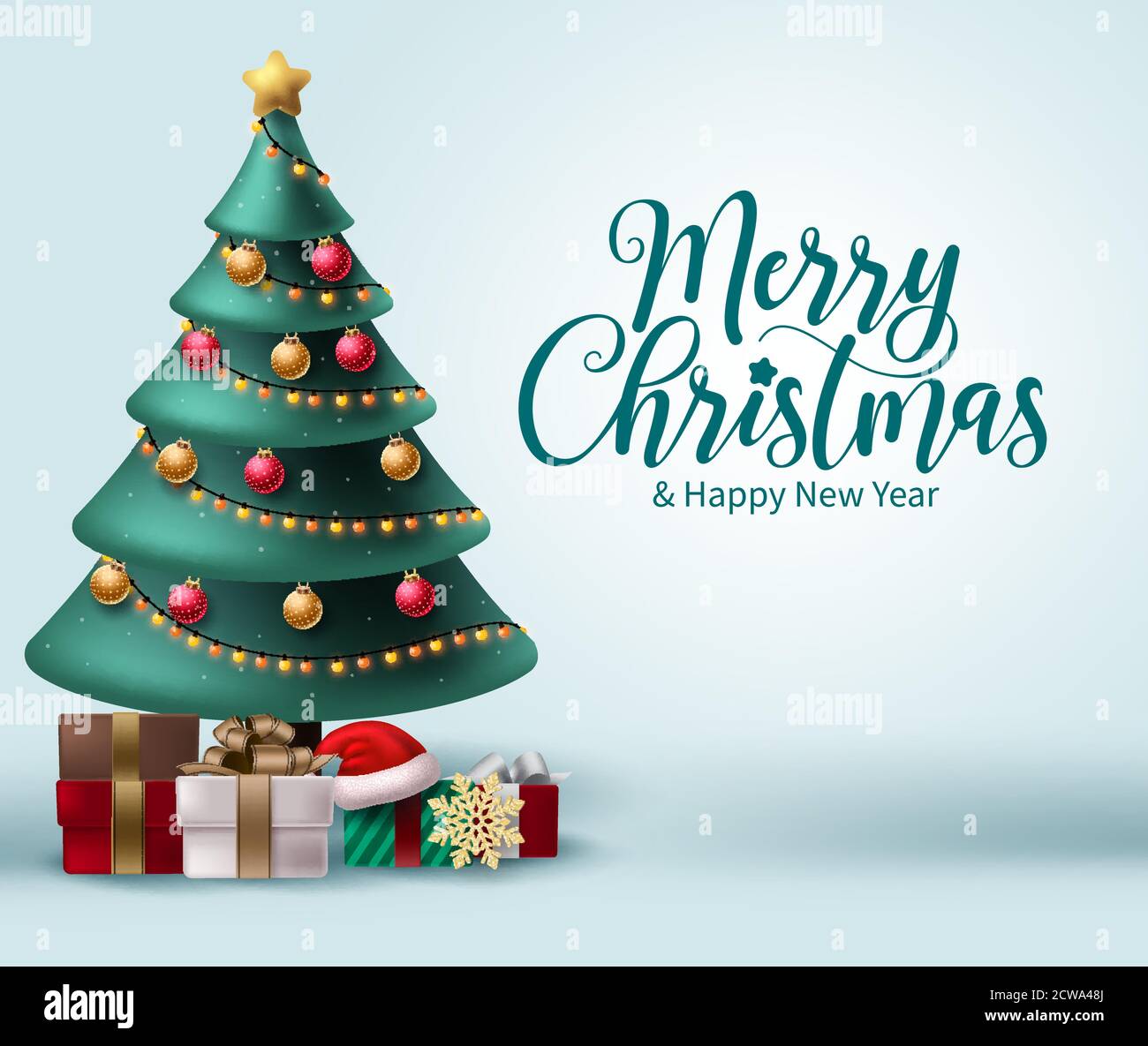 Diseño de fondo de vector de Navidad de Merry. Saludo navideño en espacio  blanco para texto con elementos coloridos como árbol de Navidad, bolas,  luces y caja de regalo Imagen Vector de