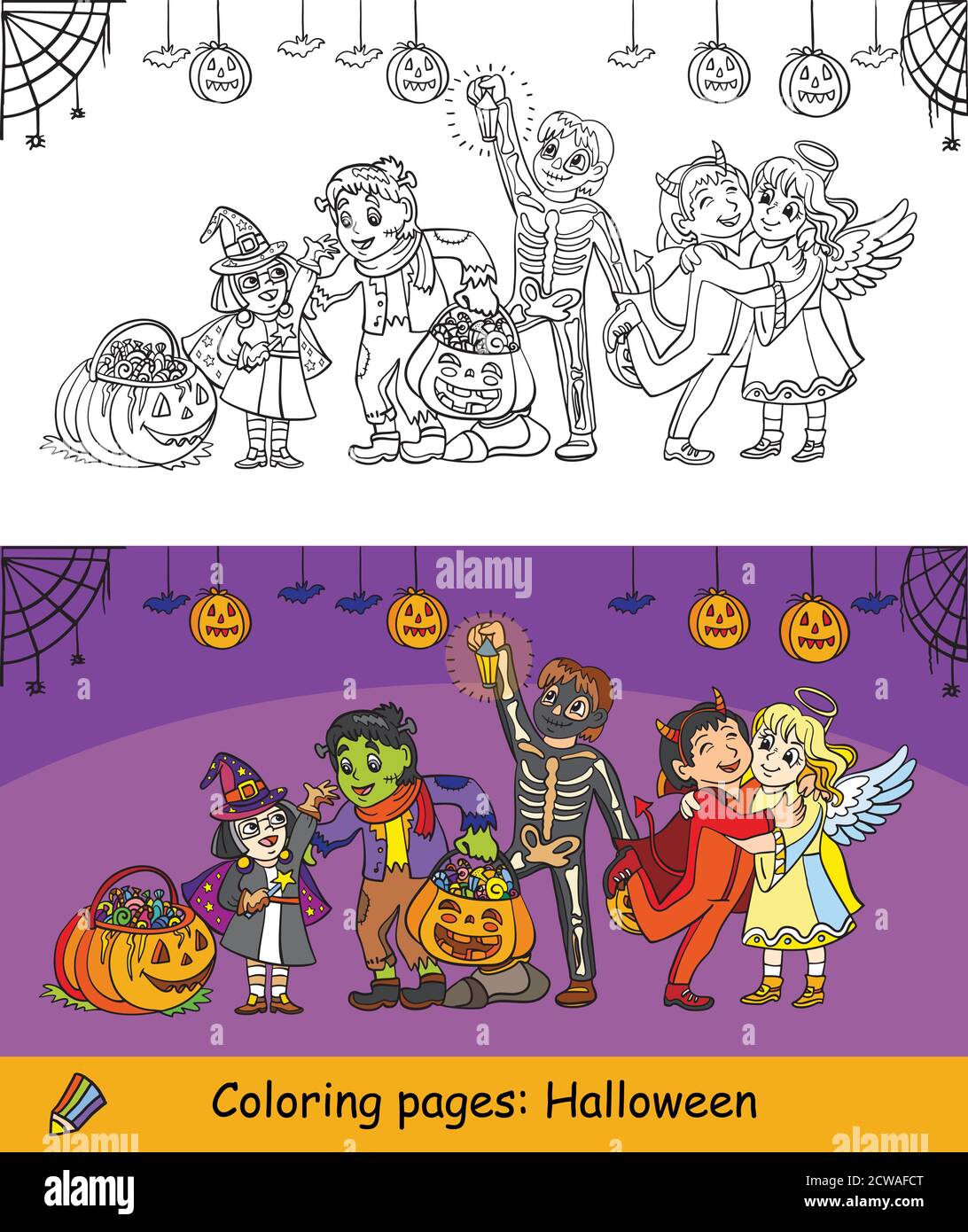 Dibujos animados Halloween ilustración. Vector colorear páginas y colorear ejemplo niños felices en disfraces celebrando Halloween. Libro para colorear para childre Imagen Vector de stock - Alamy Dibujos animados Halloween ilustración. Vector colorear páginas y colorear ejemplo niños felices en disfraces celebrando Halloween. Libro para colorear para childre Imagen Vector de stock - Alamy