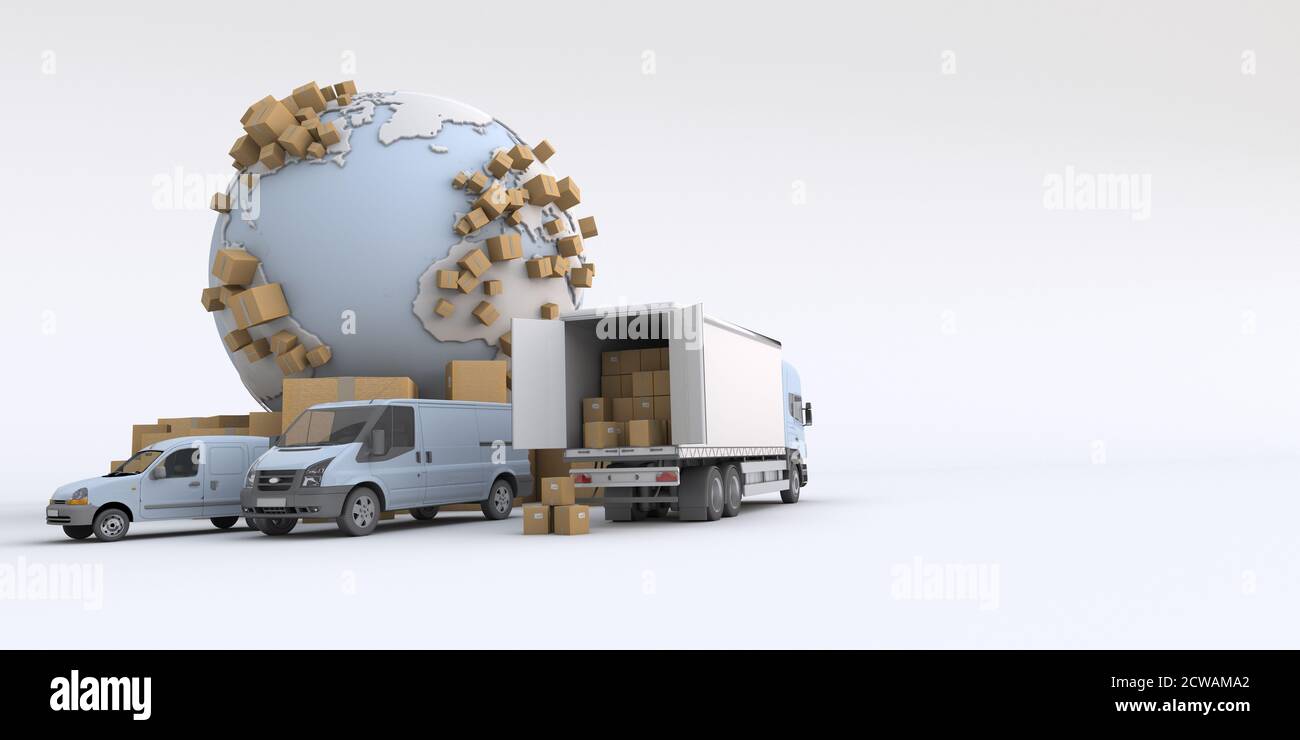 Descarga de camiones en un contexto de transporte internacional Foto de stock