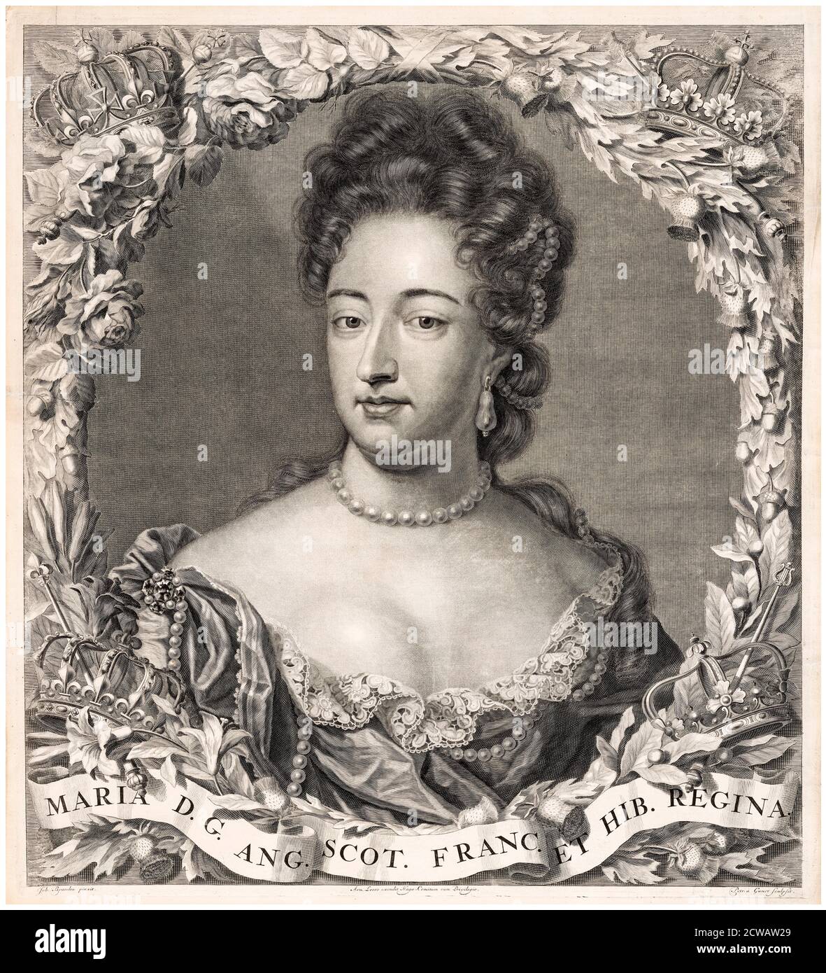 Reina María II de Inglaterra (1662-1694), retrato grabado por Pieter Stevens van Gunst después de Jan Hendrik Brandon, 1694 Foto de stock