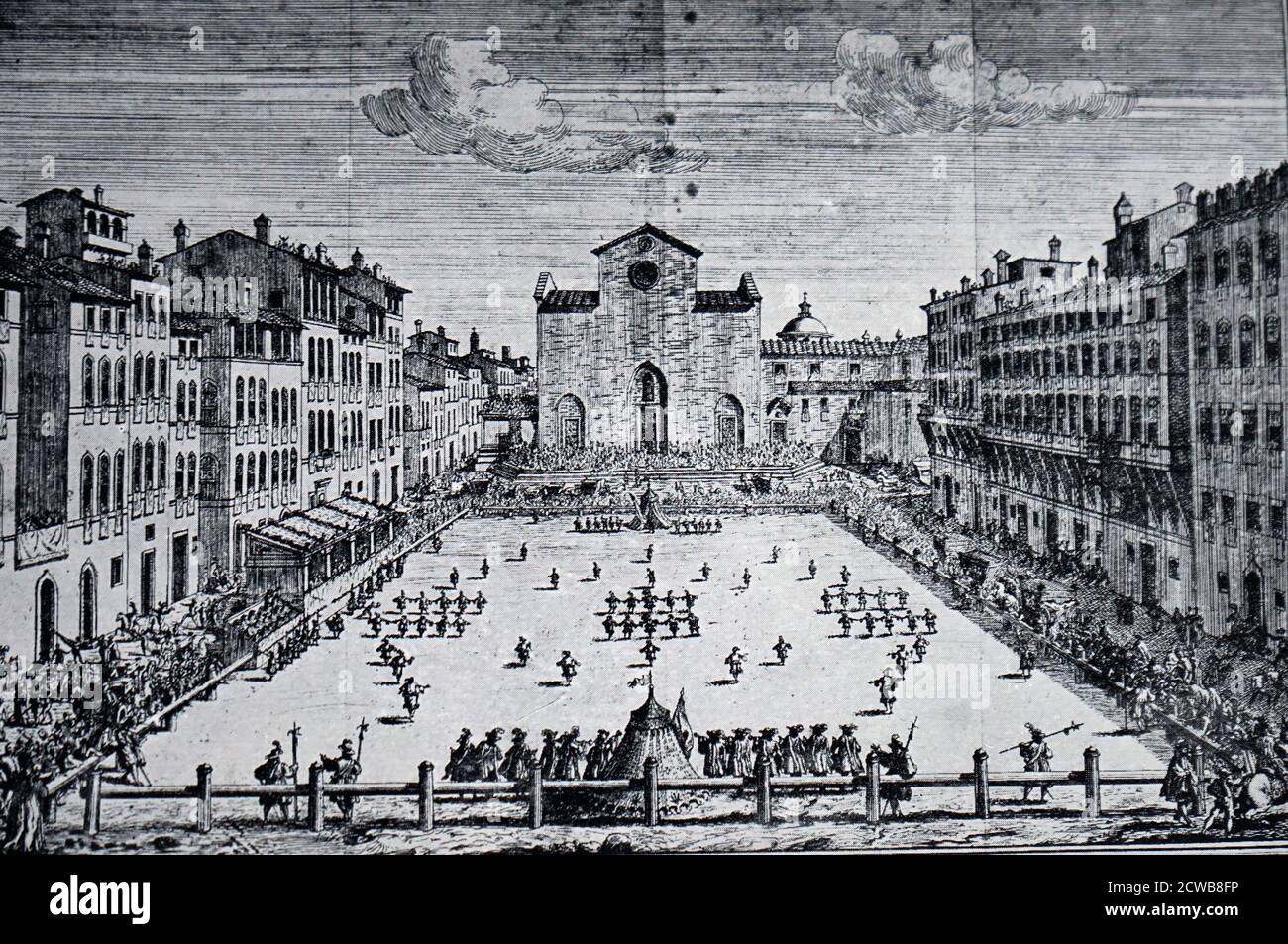 Un grabado que representa un juego de Calcio Fiorentino jugado en Piazza Santa Croce, Florencia, Italia. Foto de stock