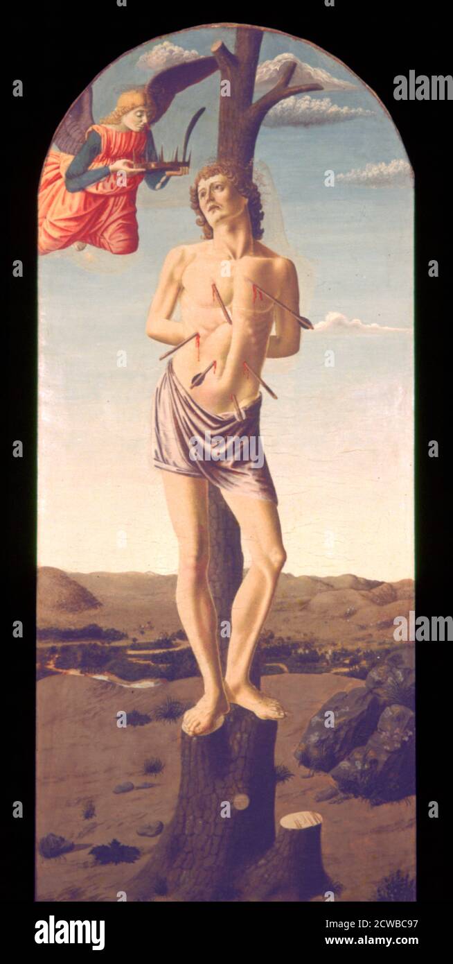 Un retrato de Andrea del Castagno titulado 'Naint Sebastian', 1457. Sebastián era un santo cristiano y mártir, que se dice que murió bajo la persecución de cristianos por el emperador romano Diocleciano en el siglo III. De la colección del Museo Metropolitano de Arte moderno, Nueva York, EE.UU. Foto de stock