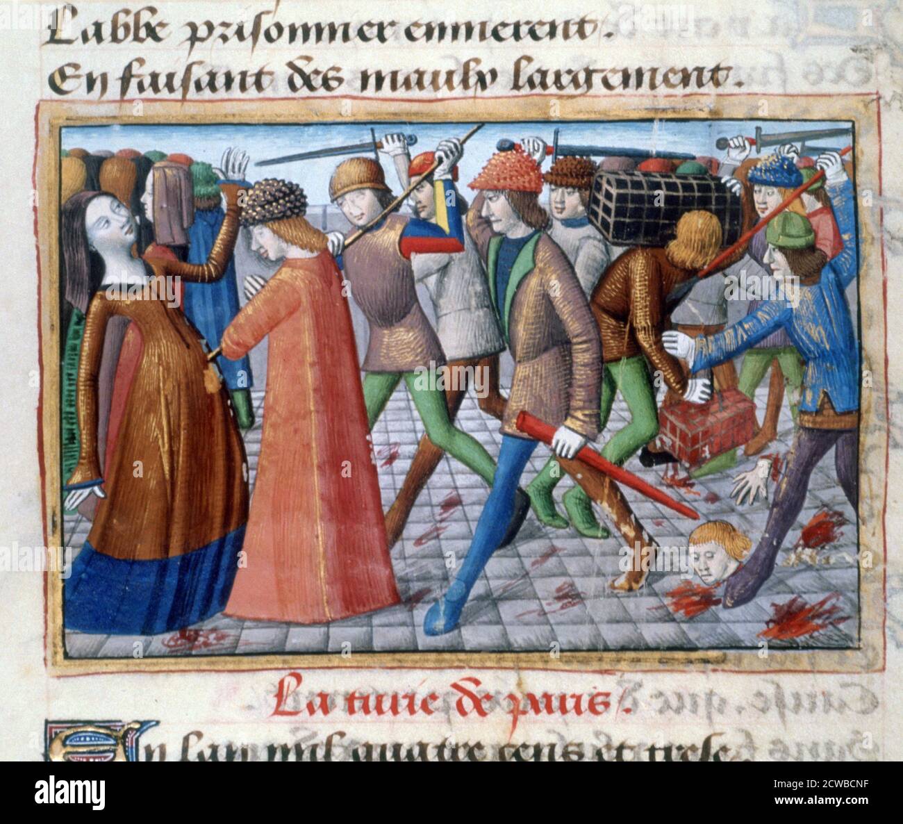 Masacre de los habitantes de París, 1413 de mayo, (1484). Episodio durante la guerra civil entre los Armagnacs y los Bourguignons: Masacre de los Armagnacs cerca del Hotel de Guyenne por los carniceros parisinos dirigidos por Simon Caboche. Ilustración de las vigilias de Carlos VII por Martial de París, en la colección de la Bibliotheque Nationale, París. El artista es desconocido. Foto de stock