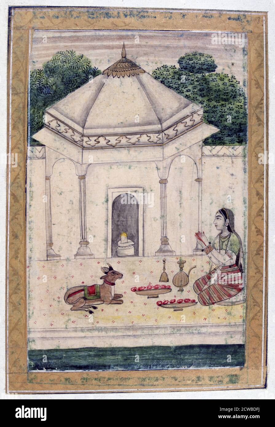 Bhairavi Ragini, álbum de Ragamala, Escuela de Rajasthan, siglo 19. Adoración del lingam de Shiva por una joven. El Lingam (también, Linga, que significa Marca, o signo,) es un símbolo para la adoración del dios hindú Shiva. Se encuentra en la colección de Jean Claude Carriere. El artista es desconocido. Foto de stock